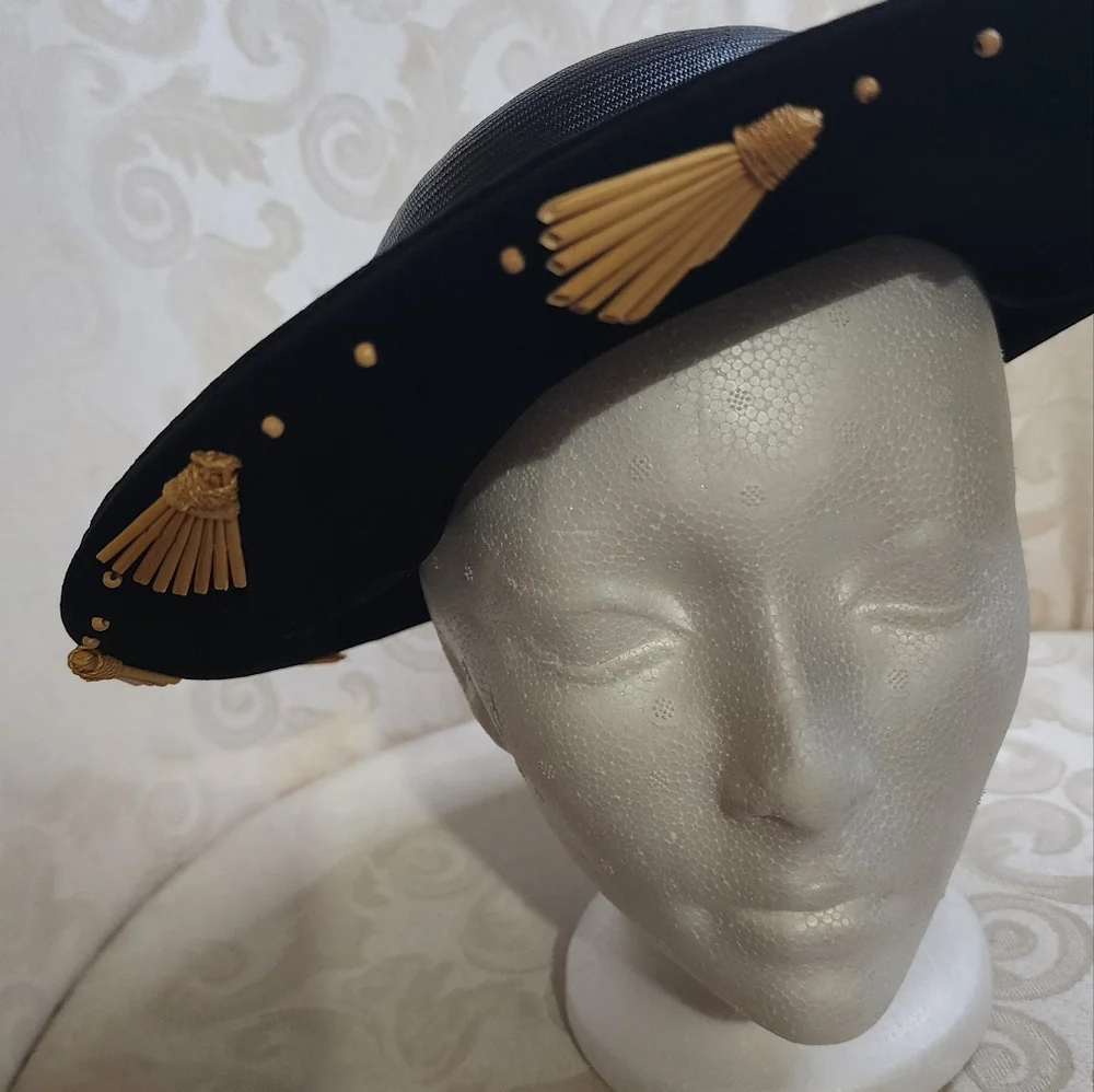 Stephen Anne Custom Black Velvet Straw Hat Wide Brim Gold Tassel Trim